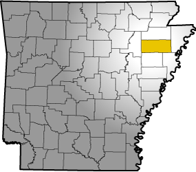 Map of Arkansas highlighting Poinsett County's location within the state